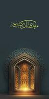 Arabisch schoonschrift van Ramadan kareem en glimmend Islamitisch deur. foto