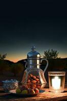 3d geven van Arabisch datums kruik met lit lantaarn Aan houten structuur achtergrond en zonsopkomst of zonsondergang. Islamitisch religieus concept. foto
