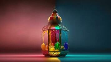 3d geven van kleurrijk Arabisch lantaarn Aan roze en blauw achtergrond. Islamitisch religieus concept. foto