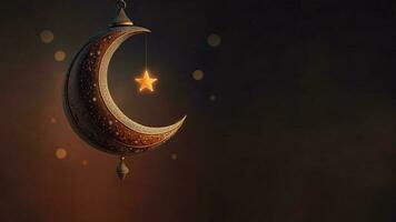 3d geven van hangende voortreffelijk glimmend gesneden maan met sterren Aan zwart achtergrond. Islamitisch religieus concept. foto