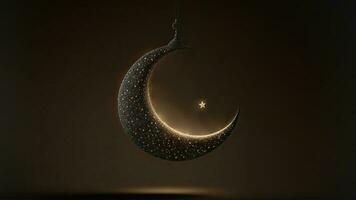 3d geven van hangende voortreffelijk glimmend gesneden maan met sterren Aan zwart achtergrond. Islamitisch religieus concept. foto
