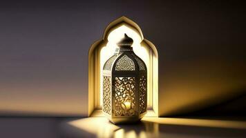 realistisch verlichte Arabisch lantaarn Aan Islamitisch venster achtergrond. Islamitisch religieus concept. 3d veroorzaken. foto