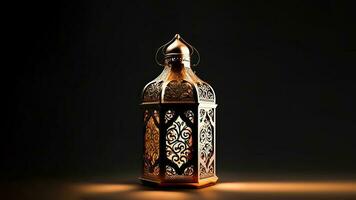 realistisch verlichte Arabisch lantaarn Aan donker achtergrond. Islamitisch religieus concept. 3d veroorzaken. foto