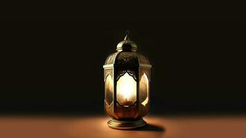 realistisch verlichte Arabisch lantaarn Aan donker achtergrond. Islamitisch religieus concept. 3d veroorzaken. foto