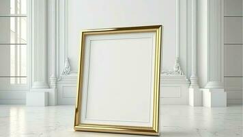 3d geven van blanco gouden foto kader mockup Aan verdieping en klassiek interieur muur.