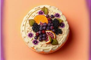 3d veroorzaken, top visie van mooi fruit taart Aan pastel oranje en Purper achtergrond. foto