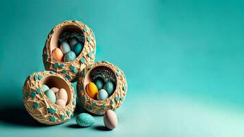 papier mache drie Pasen ei rietje nest Aan turkoois achtergrond en kopiëren ruimte voor Pasen dag concept. 3d veroorzaken. foto