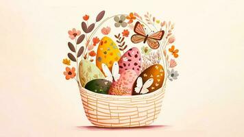 vlak stijl schattig vlinders karakter met Pasen eieren in mand Aan pastel roze achtergrond en kopiëren ruimte. Pasen dag concept. foto