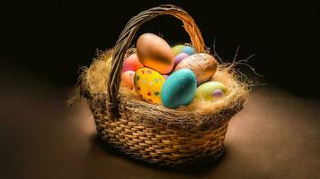 3d geven van gloeiend kleurrijk Pasen eieren mand tegen donker bruin structuur achtergrond en kopiëren ruimte. gelukkig Pasen dag concept. foto