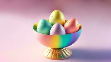 3d geven van kleurrijk gedoopt eieren kom Aan pastel roze en Purper achtergrond en kopiëren ruimte achtergrond. gelukkig Pasen dag concept. foto