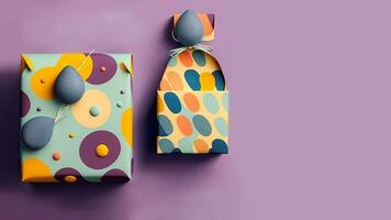 3d geven van twee type geschenk doos met kleurrijk eieren tegen pastel Purper achtergrond en kopiëren ruimte. gelukkig Pasen dag concept. foto