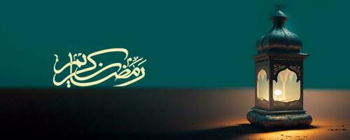 Arabisch schoonschrift van Ramadan kareem met realistisch verlichte Arabisch lamp Aan taling en zwart achtergrond. 3d veroorzaken, banier of hoofd ontwerp. foto