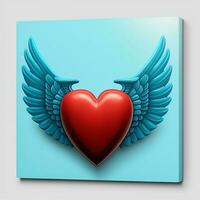 3d geven pixar stijl rood hart met blauw Vleugels. foto