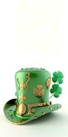 3d geven van Klaver bladeren gedrukt elf van Ierse folklore hoed in groen en gouden kleur en kopiëren ruimte. st. Patrick dag concept. foto