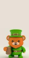 3d geven van schattig teddy beer vervelend elf van Ierse folklore jurk en Holding mok Aan beige achtergrond met kopiëren ruimte. st. Patrick dag concept. foto