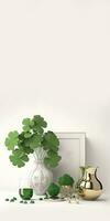 3d geven van Klaver, bloem pot met blanco kader en groen drinken glas voor st patricks dag concept. foto