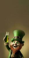 3d geven van vrolijk elf van Ierse folklore Mens genieten van drinken Aan bruin achtergrond en kopiëren ruimte. st. Patrick dag concept. foto