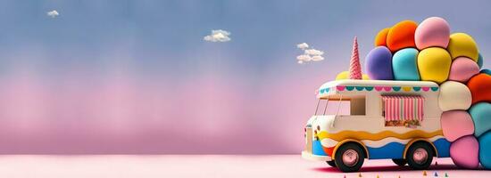 3d veroorzaken, fantasie kleurrijk voedsel vrachtauto van snoepland Aan roze en blauw achtergrond. foto