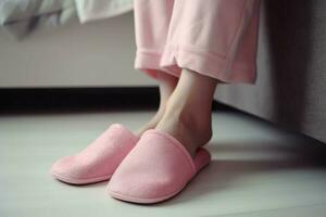 vrouw zetten slippers. genereren ai foto