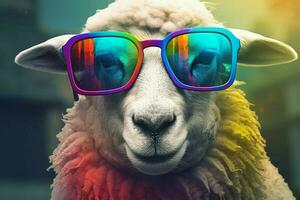 schapen kleurrijk bril lachend. genereren ai foto
