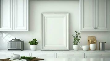 3d samenstelling van minimalistische keuken interieur met Koken voorbereiding en blanco kader model. foto