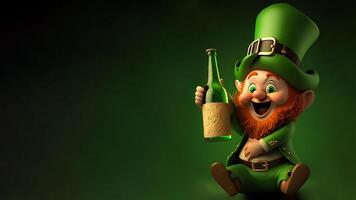3d geven van vrolijk elf van Ierse folklore Mens Holding wijn fles in zittend houding Aan groen achtergrond. st. Patrick dag concept. foto