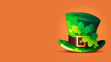 3d geven van Klaver bladeren elf van Ierse folklore hoed Aan oranje achtergrond. st. Patrick dag concept. foto
