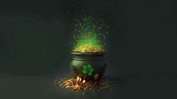 3d geven van gouden munten pot en vliegend bladeren tegen achtergrond met kopiëren ruimte. st. Patrick dag concept. foto