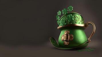 3d geven van groen en bronzen oude etnisch pot Aan donker achtergrond. st. Patrick dag concept. foto