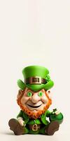 3d geven van elf van Ierse folklore Mens zittend Aan wit achtergrond. st. Patrick dag concept. foto