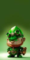 3d geven van boos elf van Ierse folklore karakter staand Aan glimmend groen achtergrond en kopiëren ruimte. st patricks dag concept. foto