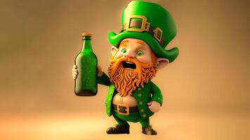 3d geven van vrolijk elf van Ierse folklore Mens karakter Holding alcohol fles en kopiëren ruimte. st. Patrick dag concept. foto