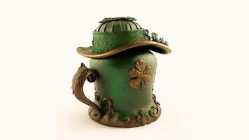 3d geven van groen en gouden fedora hoed gedekt oude etnisch pot Aan wit achtergrond. st. Patrick dag concept. foto