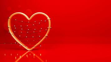 3d geven van gouden hart vorm kader omringd door verlichting slinger tegen rood achtergrond en kopiëren ruimte. liefde concept. foto