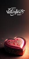 gelukkig Valentijnsdag dag tekst met 3d geven van glimmend rood glitterachtig hart vorm metaal doos Aan fonkeling lichten achtergrond. foto