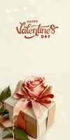 gelukkig Valentijnsdag dag tekst met 3d geven van zacht kleur geschenk doos met roos. foto