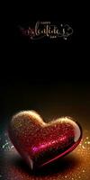 gelukkig Valentijnsdag dag tekst met 3d geven van glimmend glitterachtig hart vorm Aan gouden verlichting achtergrond. foto