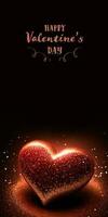 gelukkig Valentijnsdag dag tekst met 3d geven van glimmend rood glitterachtig hart vorm Aan fonkeling licht achtergrond. foto