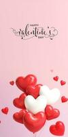 gelukkig Valentijnsdag dag standee poster of banier ontwerp met 3d veroorzaken, rood en wit hart ballonnen veel. foto