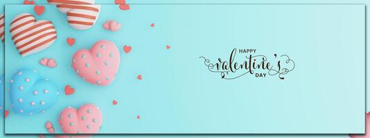 gelukkig Valentijnsdag dag schoonschrift tekst met zacht kleur hart vormen Aan turkoois achtergrond. hoofd of banier ontwerp. foto