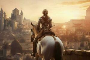 middeleeuws ridder meisje Aan paard. genereren ai foto