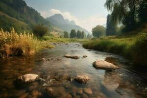 landschap berg rivier- Woud. genereren ai foto