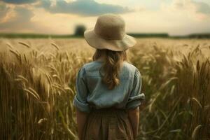 boer meisje met hoed boerderij veld. genereren ai foto