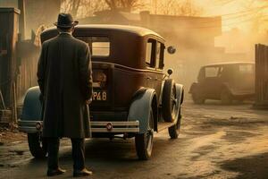 Amerikaans Mens in de buurt auto Bij zonsondergang. genereren ai foto