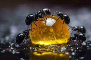 mieren honing druppel. genereren ai foto