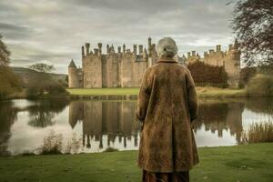 scot oud vrouw Schots kasteel. genereren ai foto