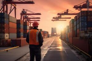 een arbeider vervelend een oranje hesje staand in voorkant van Verzending containers. generatief ai foto