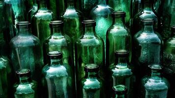 groen glas flessen geregeld in een symmetrisch patroon. generatief ai foto