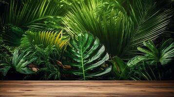 een houten tafel bekroond met veel van groen planten. generatief ai foto