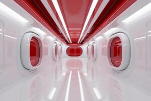 futuristische achtergrond wetenschap fictie interieur wit muur en rood licht architectuur hal,. ai generatief foto